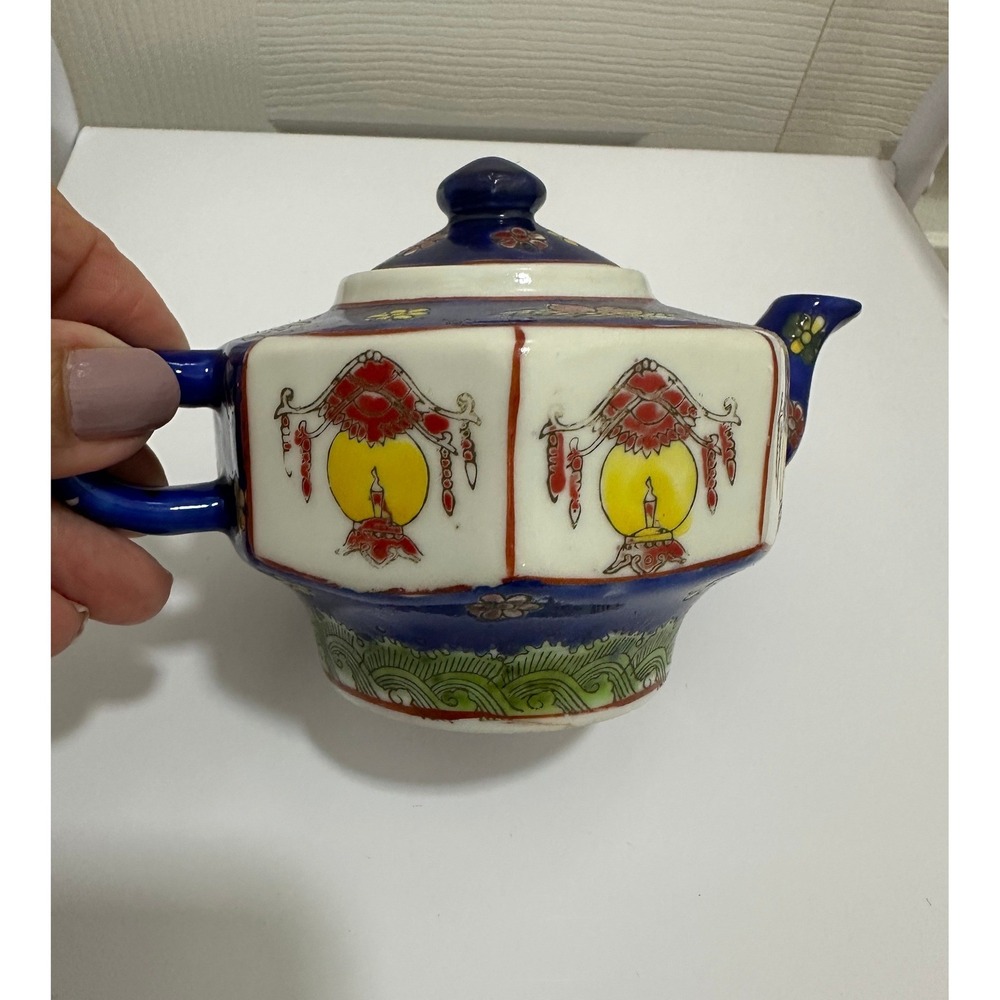 Vintage Chinese Hand Painted Porcelain Hexagonal Teapot Blue White Lanterns Good